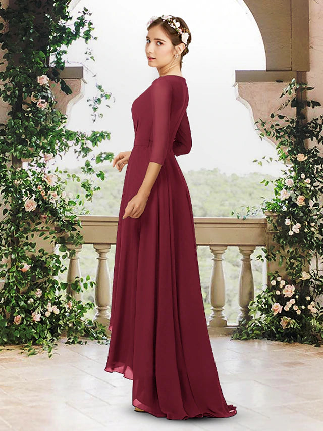 Luolandi A-Line Bridesmaid Dress V Neck 3/4 Length Sleeve Elegant Sweep / Brush Train / Asymmetrical Chiffon
